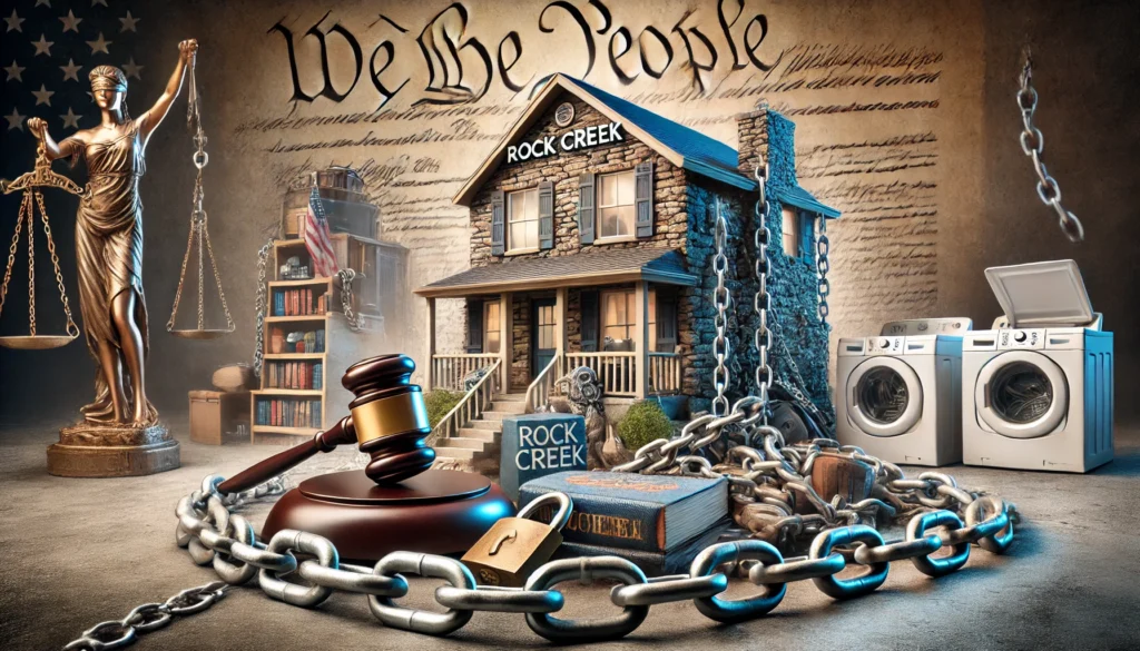 A symbolic depiction of the Rock Creek property dispute, featuring a residential home labeled 'Rock Creek' surrounded by heavy chains and locks, symbolizing its contested status under Receivership. Personal items such as a child's baby book and a washer and dryer are chained, emphasizing the human impact. The foreground includes a judge's gavel and scales of justice, while the U.S. Constitution forms the background, representing constitutional rights. The image conveys a sense of restriction and the pursuit of justice
