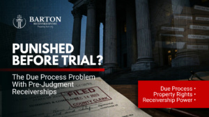 Punished Before Trial cover image showing a courthouse, legal files, and the due process problem with pre-judgment receiverships