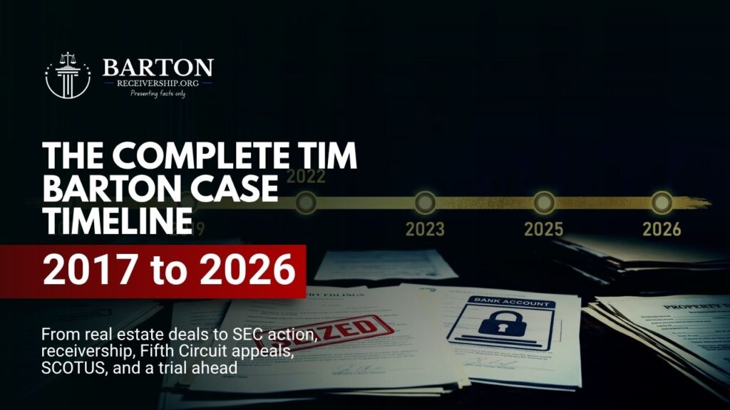 Timeline of the Tim Barton SEC case from 2017 to 2026, showing key events including the SEC complaint, receivership, Fifth Circuit appeals, Supreme Court petition, and criminal trial.