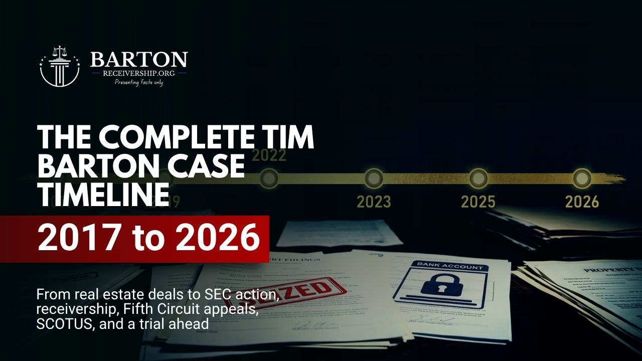 Timeline of the Tim Barton SEC case from 2017 to 2026, showing key events including the SEC complaint, receivership, Fifth Circuit appeals, Supreme Court petition, and criminal trial.