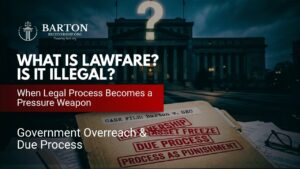 Court records and legal binders representing lawfare analysis in the Barton receivership case