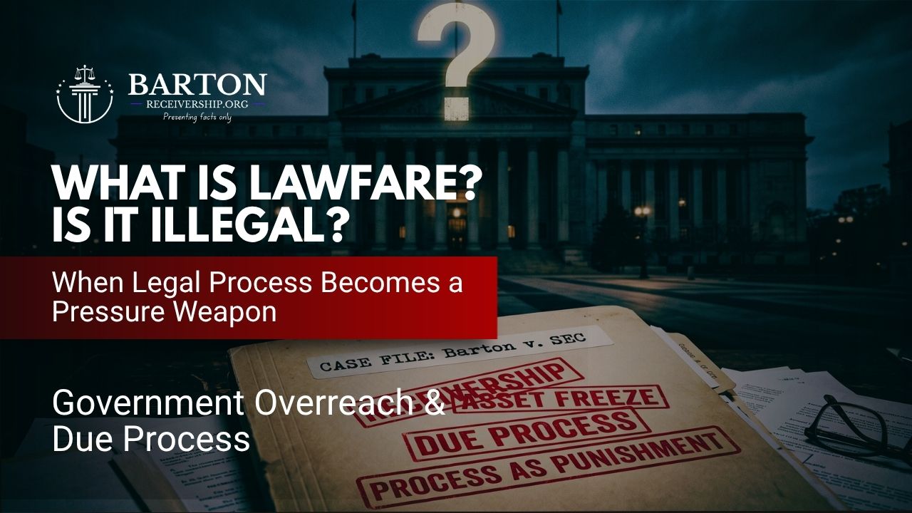 Court records and legal binders representing lawfare analysis in the Barton receivership case