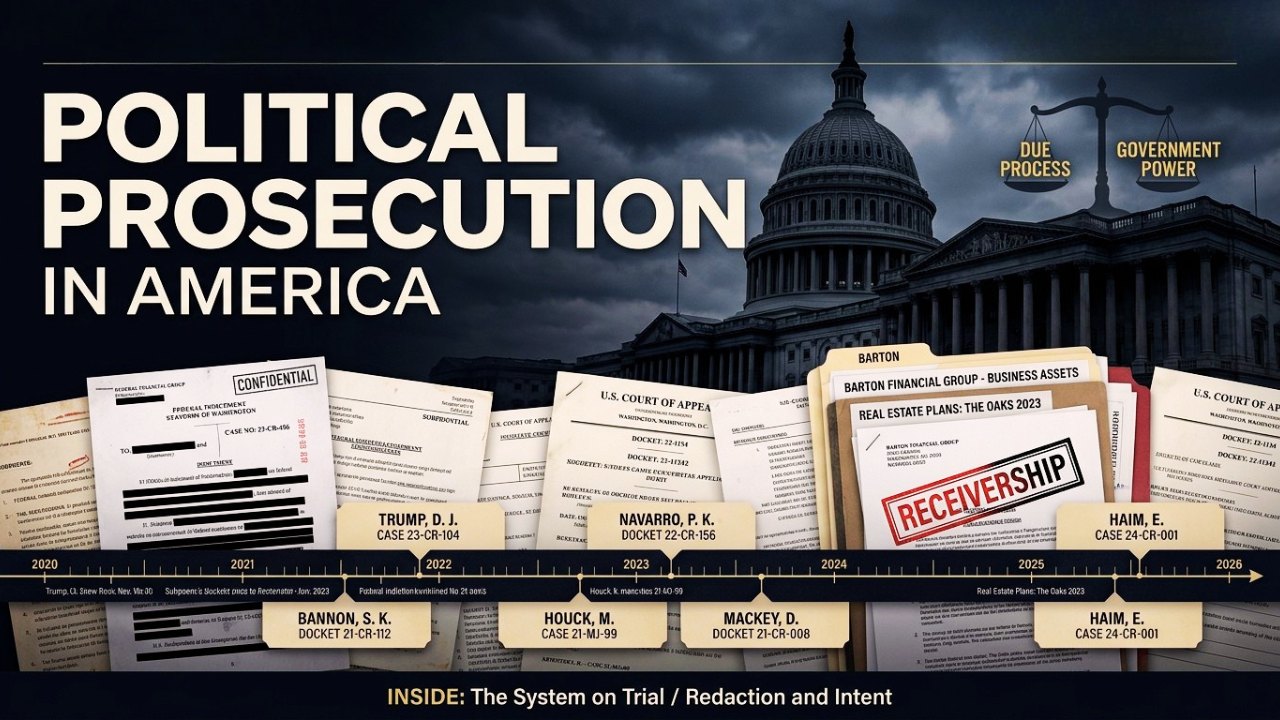 political prosecution in America- Editorial image showing a federal courthouse, legal case files, and the Barton v. SEC receivership debate.