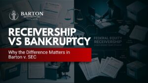 Graphic comparing receivership and bankruptcy in the Barton case, showing how the two legal systems differ in asset control and due-process protections.