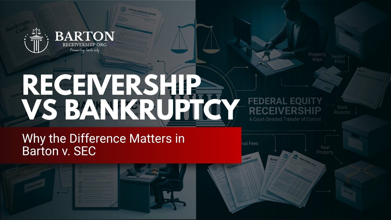 Graphic comparing receivership and bankruptcy in the Barton case, showing how the two legal systems differ in asset control and due-process protections.