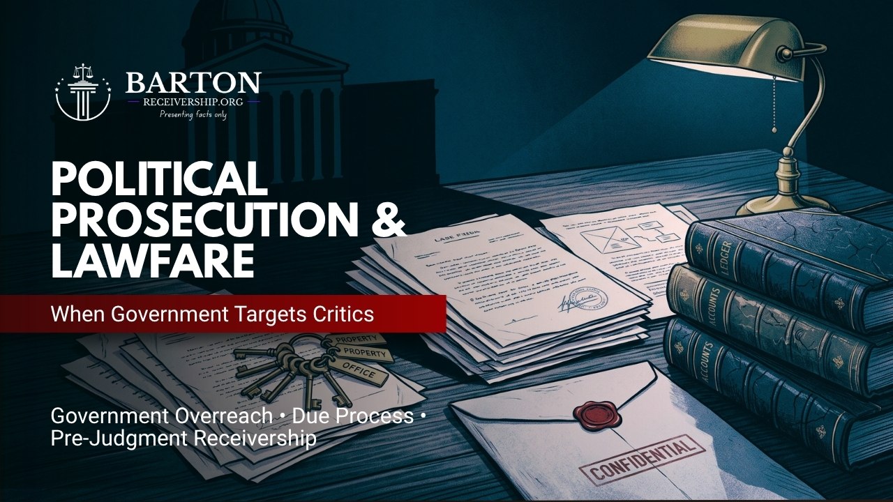 Courthouse shadow over legal files, property records, business keys, and a financial ledger, representing political prosecution and due-process concerns.