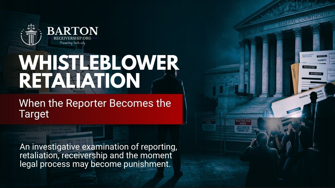 Whistleblower surrounded by government investigations, legal pressure, asset restrictions, and receivership proceedings.