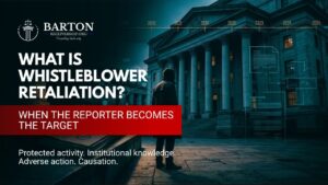 Four-part whistleblower retaliation test covering protected activity, knowledge, adverse action, and causation