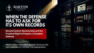 Can a defendant receive a fair trial when a court-appointed receiver controls the records needed for the defense? Illustration showing how record access affects constitutional defense rights in SEC v. Barton.