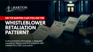 Timeline examining the alleged Barton whistleblower retaliation pattern from reporting suspected misconduct to SEC enforcement and receivership