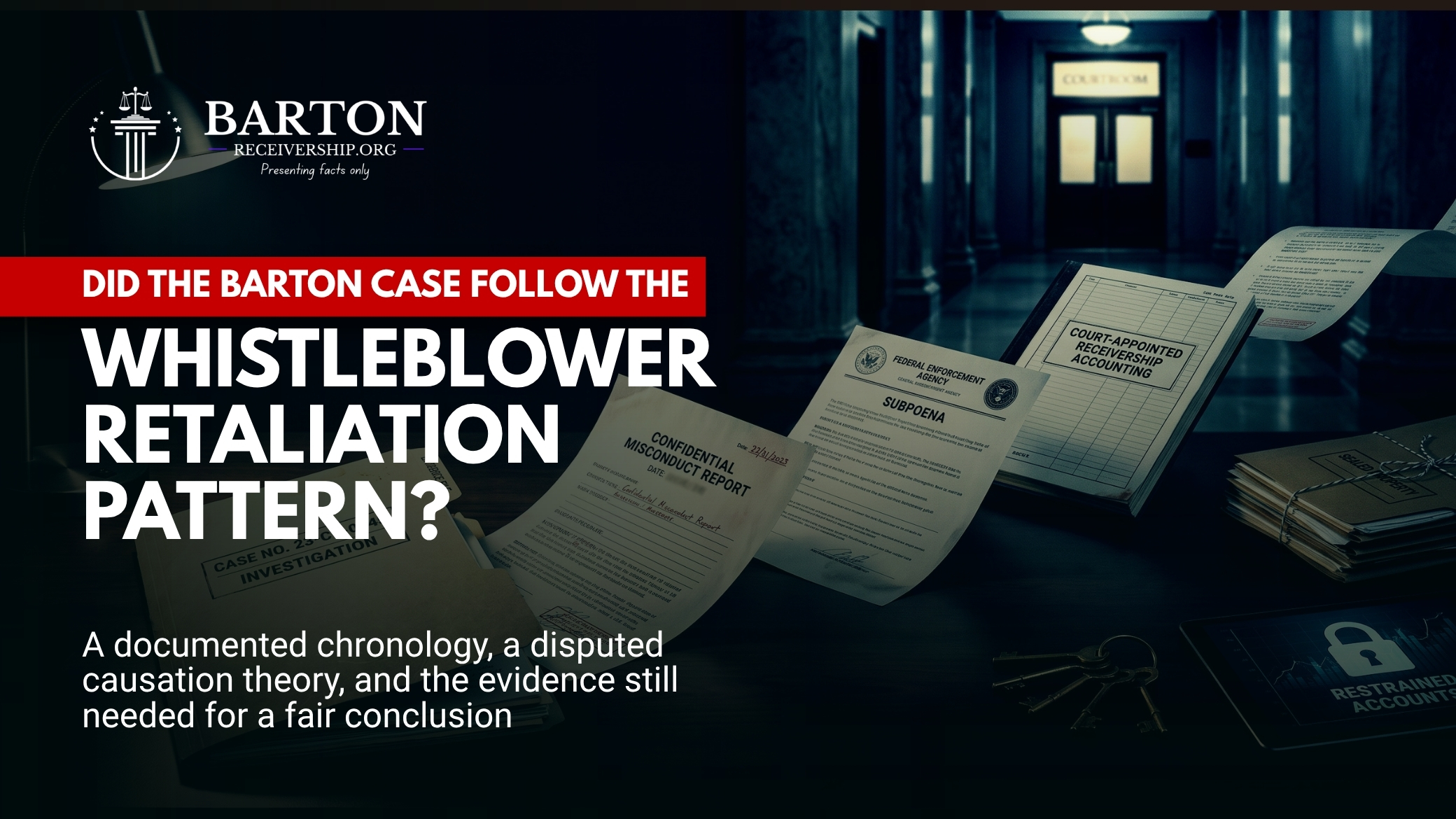 Timeline examining the alleged Barton whistleblower retaliation pattern from reporting suspected misconduct to SEC enforcement and receivership