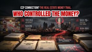 Chinese money laundering in American real estate illustrated with court filings and a Dallas real estate skyline
