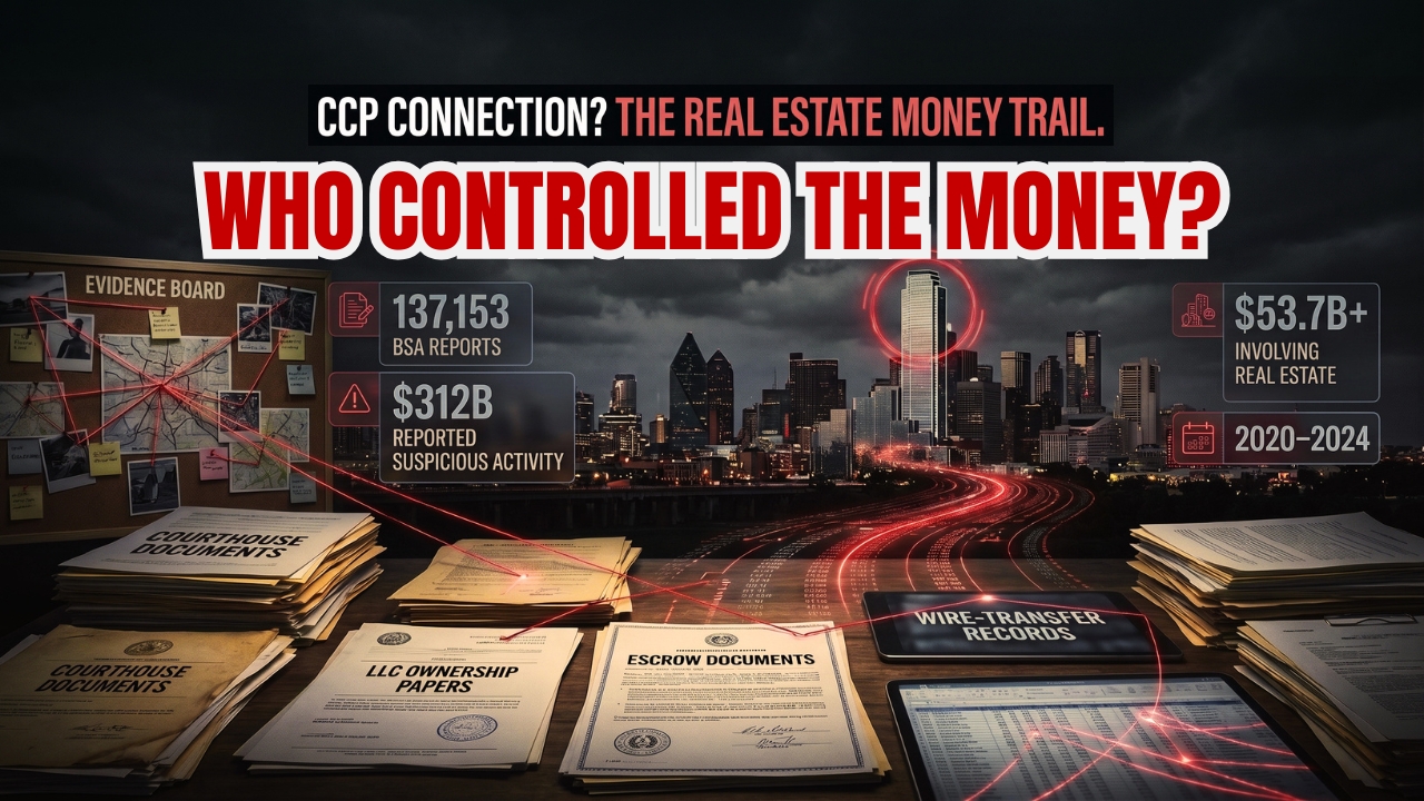Chinese money laundering in American real estate illustrated with court filings and a Dallas real estate skyline