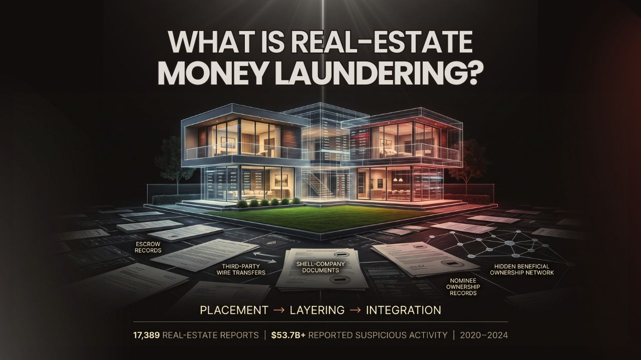 Court filings and real estate skyline illustrating money-laundering risks in U.S. property transactions.