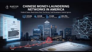 Court filings and real estate skyline illustrating Chinese money-laundering risks in U.S. property markets.