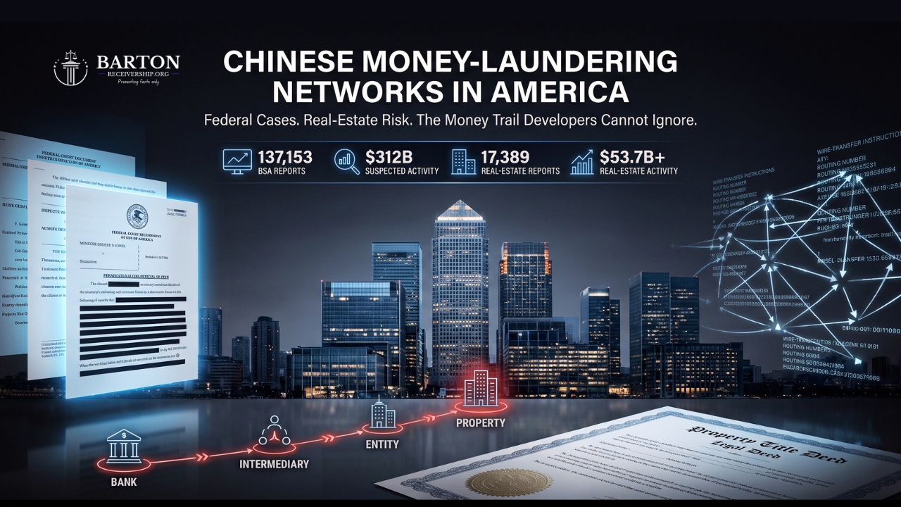Court filings and real estate skyline illustrating Chinese money-laundering risks in U.S. property markets.