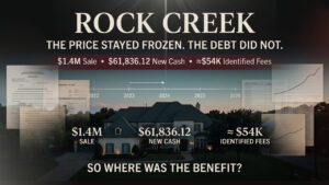 Rock Creek receivership sale showing a $1.4 million sale price and $61,836.12 in new cash received at closing.