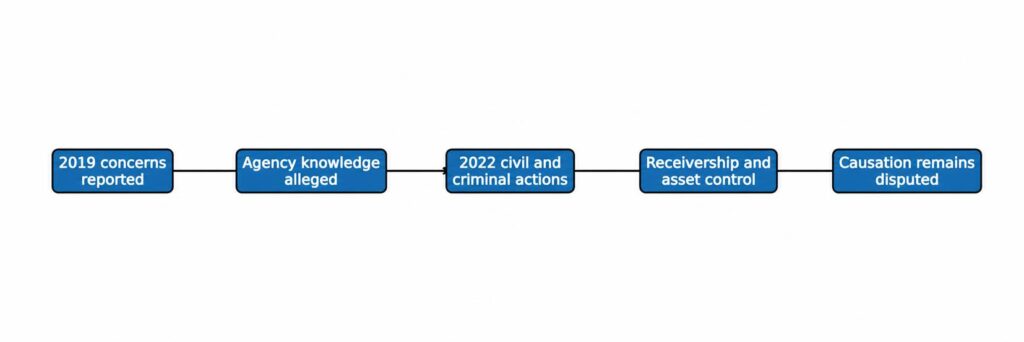 Diagram showing 2019 concerns reported, alleged agency knowledge, 2022 enforcement actions, receivership asset control, and disputed causation