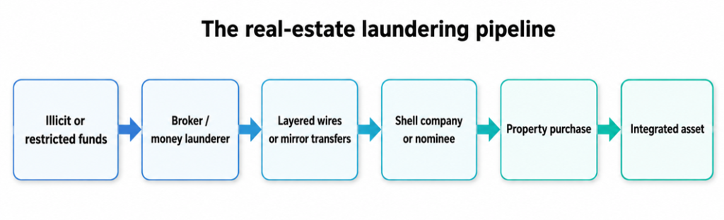 Real estate money laundering flow showing funds moving through intermediaries, shell companies and property purchases