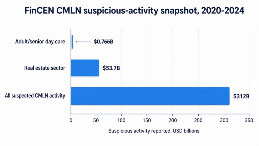 FinCEN CMLN suspicious activity chart showing $312 billion overall and $53.7 billion linked to the real estate sector