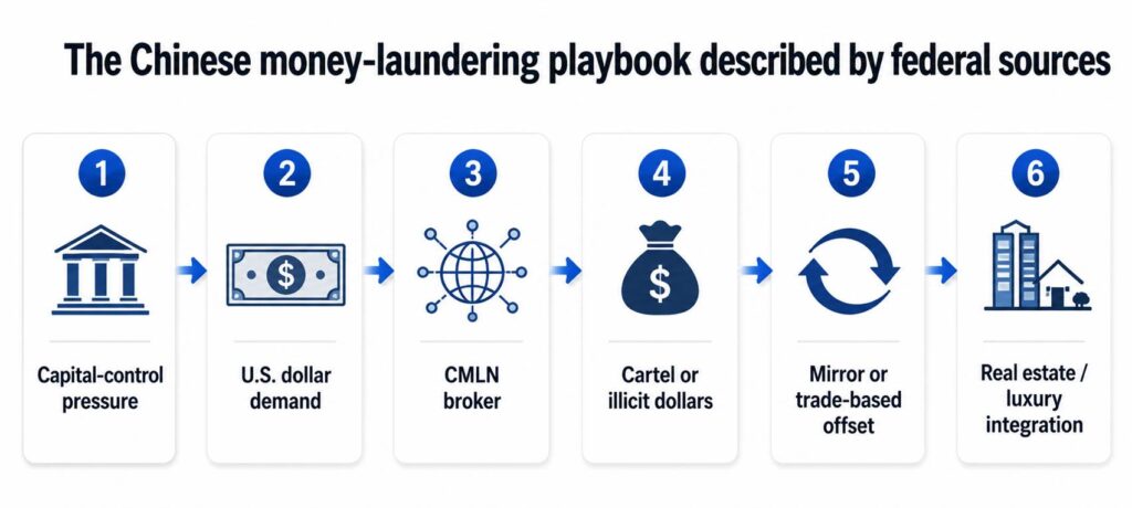 Six-step Chinese money laundering playbook showing capital-control pressure, U.S. dollar demand, CMLN broker, illicit dollars, trade-based offset and real estate integration