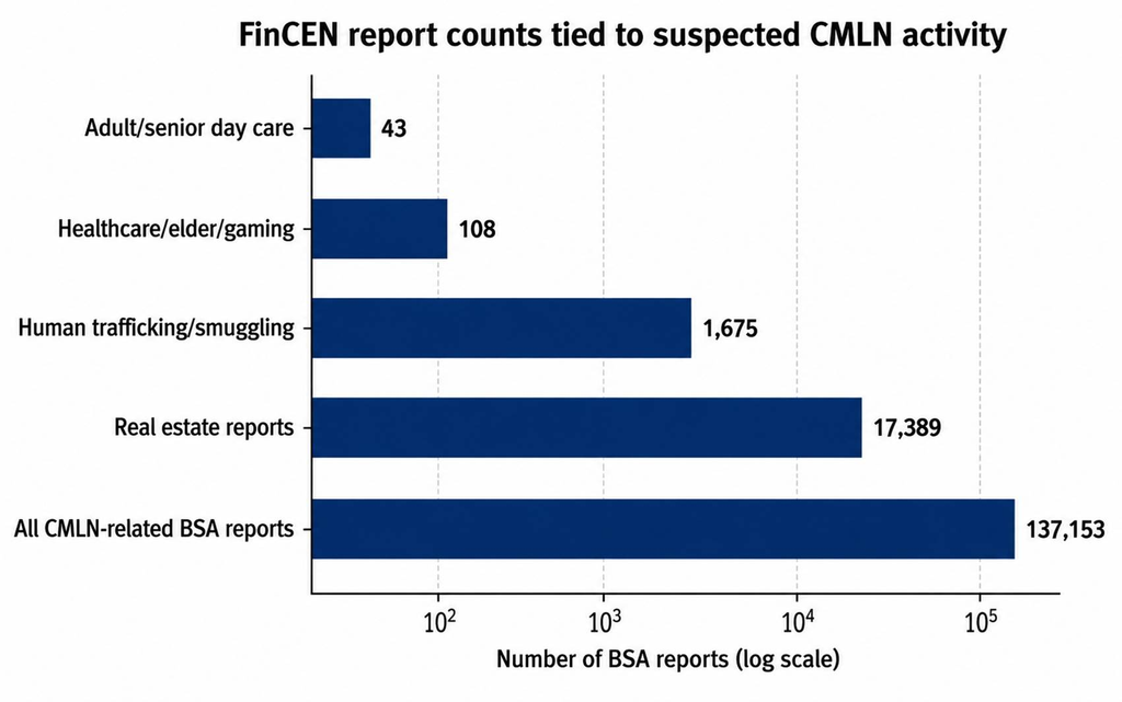 FinCEN data card showing Chinese money-laundering network suspicious activity from 2020 to 2024.