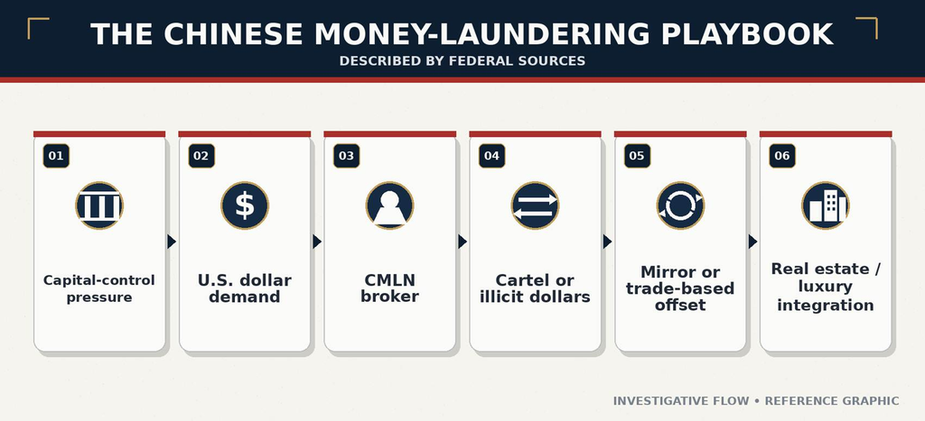 Six-step Chinese money-laundering playbook showing CMLN brokers, illicit dollars, offset transactions and real-estate integration