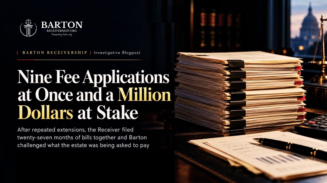 Featured graphic for Barton receiver fee applications covering nine quarterly filings and over $1 million in proposed payments