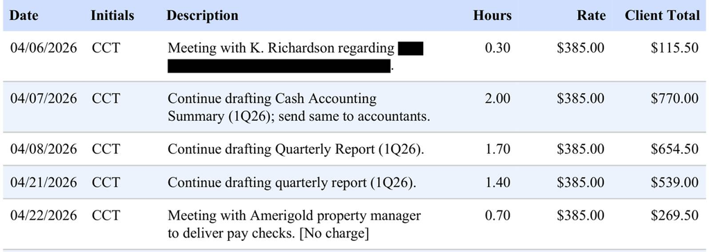 Invoice excerpt from Barton Receiver fee application showing a paycheck-delivery entry marked No charge with a $269.50 client total